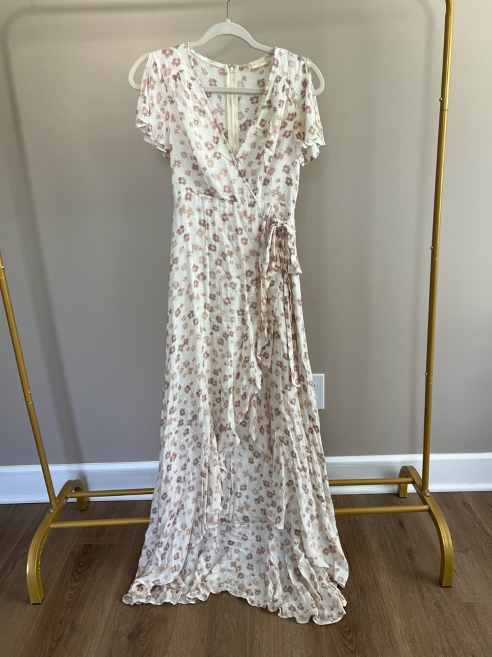 Altar'd State Cream Maxi Wrap Dress with Blush Floral Print